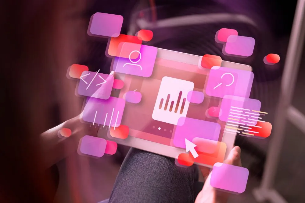 Hand holding a tablet with floating app and data icons