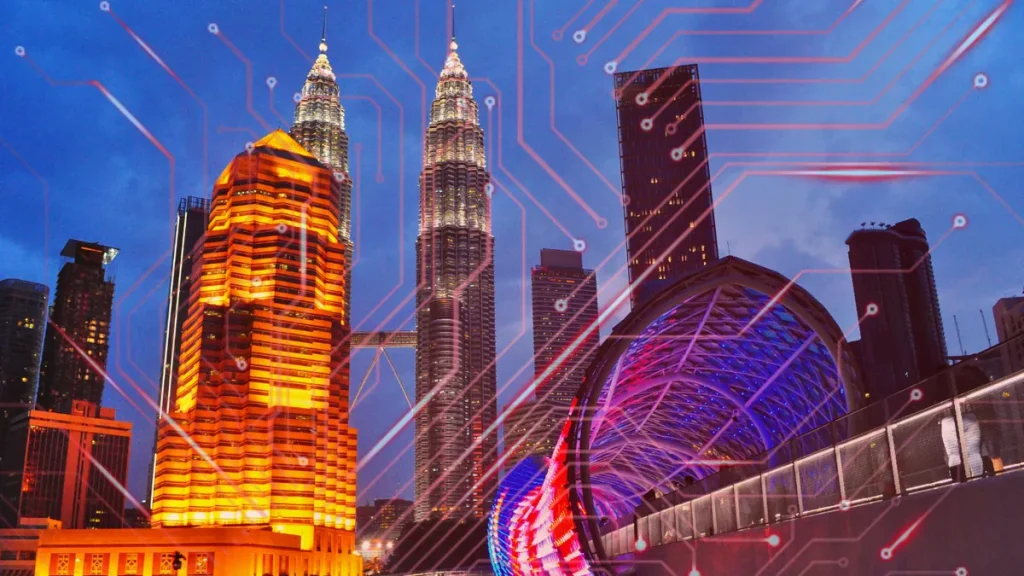 Kuala Lumpur skyline with the Petronas Twin Towers and circuit lines