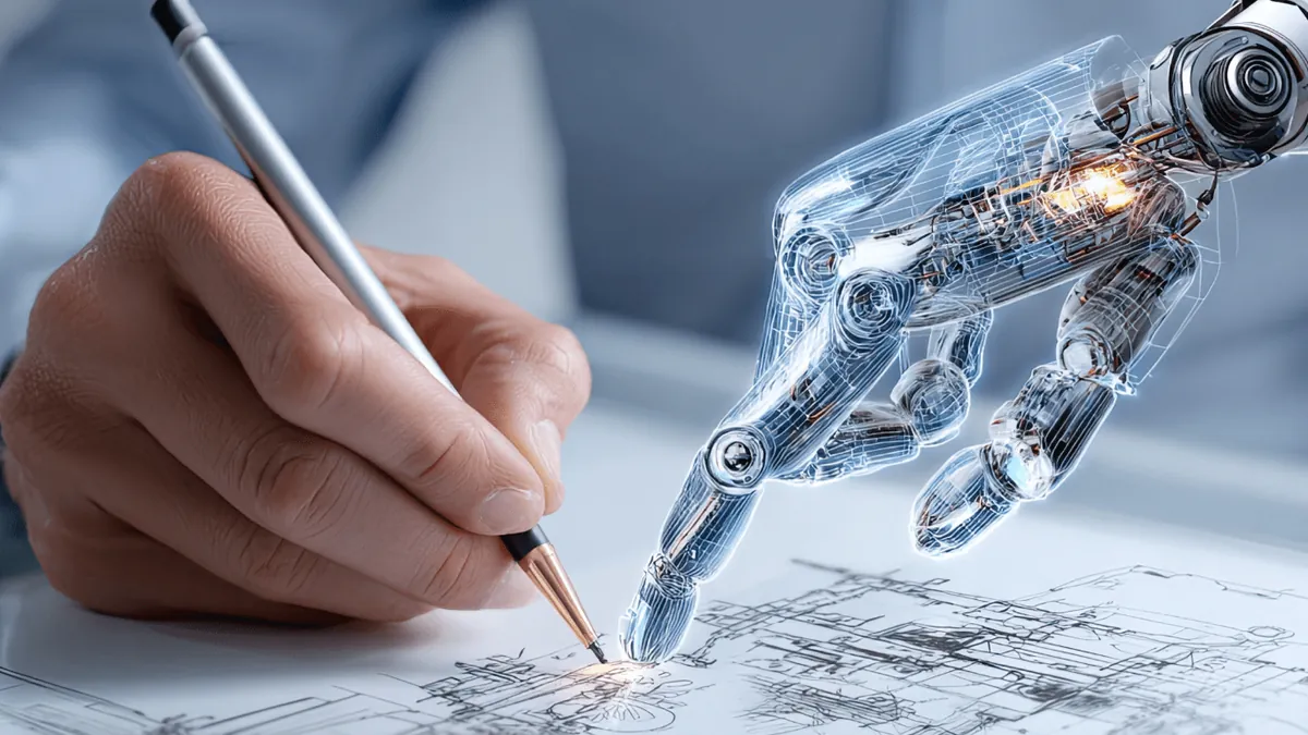 Robotic hand and human hand drawing a technical sketch together