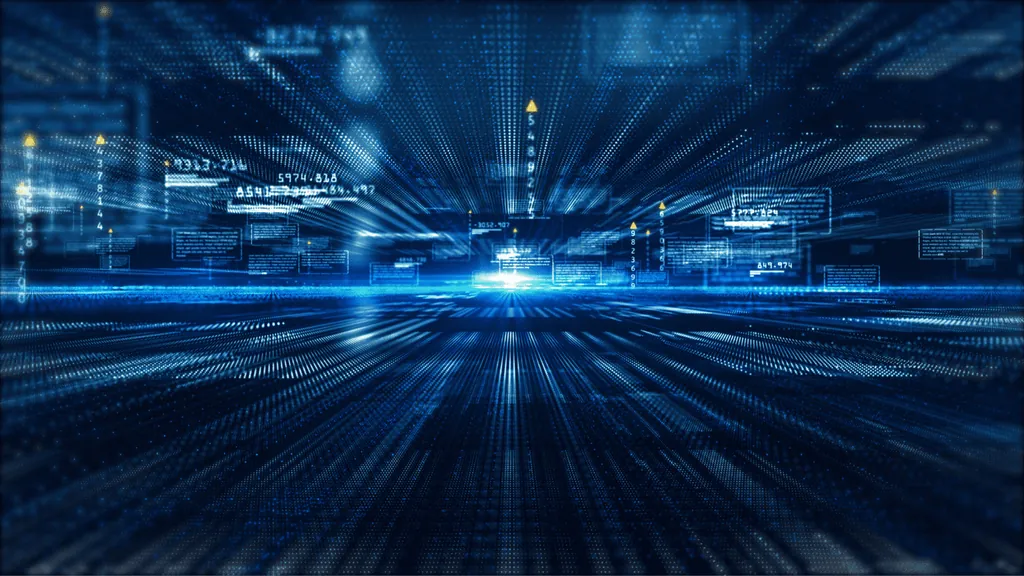 Blue streams of digital data meeting at a point of light