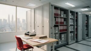 Records room in a Kuala Lumpur office with mobile shelving of red files and grey archive boxes, a scanner and an open binder on a desk
