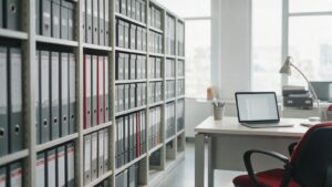 Rows of labelled document archive binders beside a desk in a bright Malaysian office