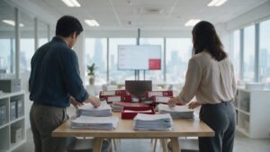 Two office staff, seen from behind, sorting stacks of printed documents and red lever-arch files on an oak table in a bright high-rise office